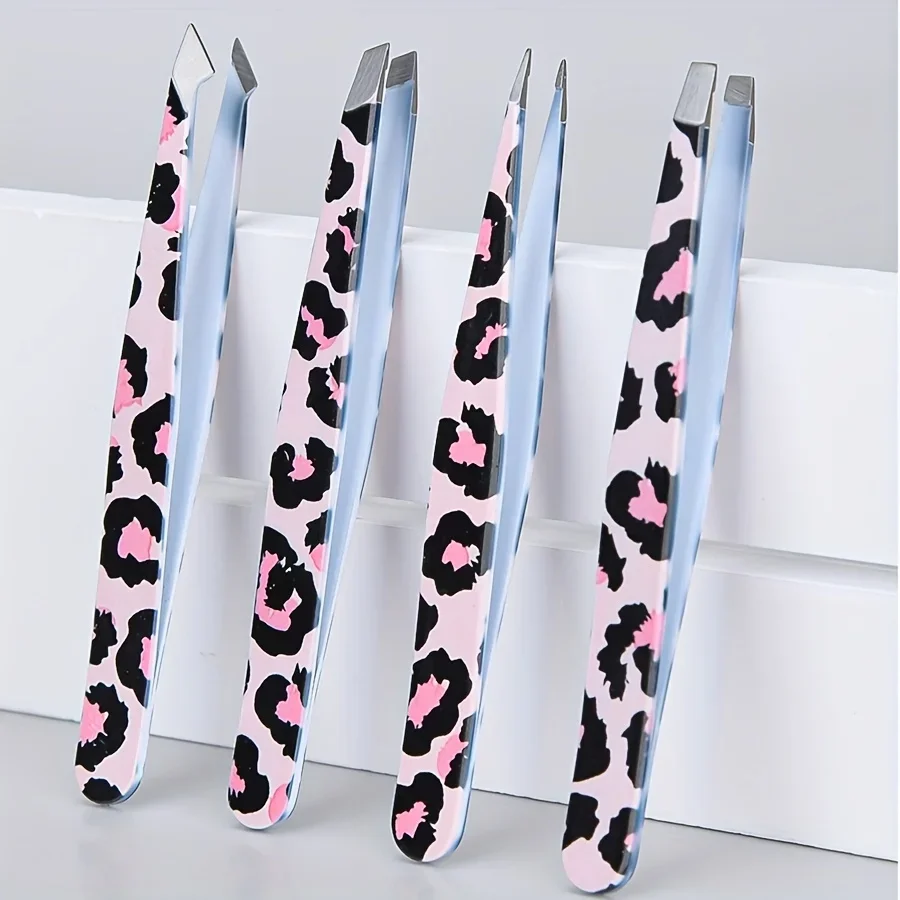 الفولاذ المقاوم للصدأ البرية ليوبارد طباعة الحاجب الملقط مجموعة 4 قطعة ماكياج ملصق الرموش الصناعية أداة هدية الكريسماس