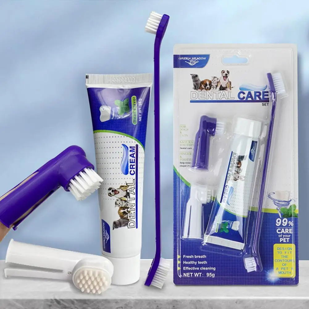 Haustier Zahnpasta Zahnbürste Set natürliche Inhaltsstoffe Doppelkopf Zahnbürste reinigt Mundschutz Zähne Zahnfleisch für Katzen und Hunde
