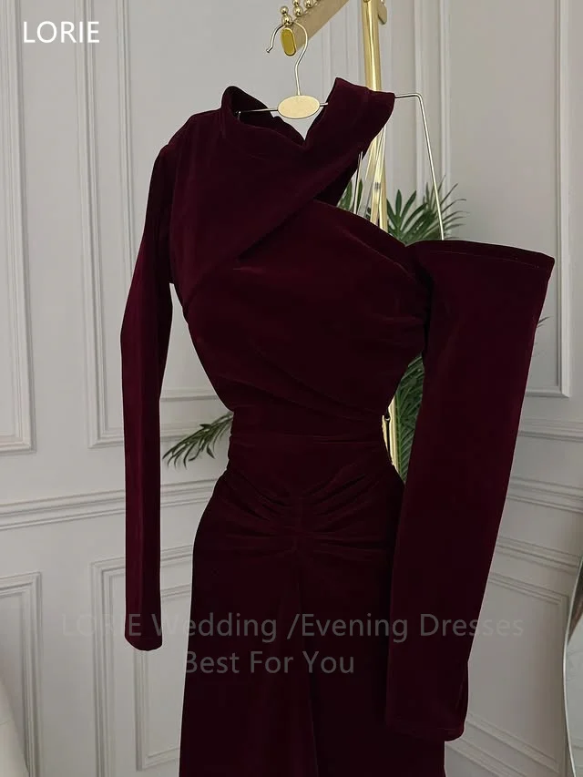 LORIE ชุดเดรสปาร์ตี้สีแดงเบอร์กันดีสุดหรู ผ้ากำมะหยี่ แขนยาว ชุดราตรีออกงาน จับจีบ ทรงเมอร์เมด ชุดราตรีงานพรอม สามารถสั่งตัดได้