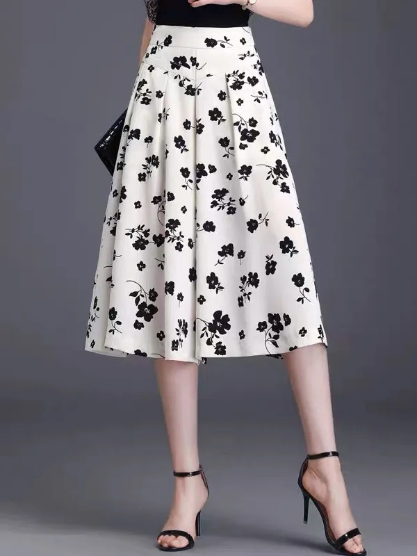 Zomer Dunne Ijs Zijde Casual Wijde Pijpen Broek Dames Nieuwe Losse Afslankende Bloemenprint Zeven Voeten Rok Hoge Taille Midi Rok