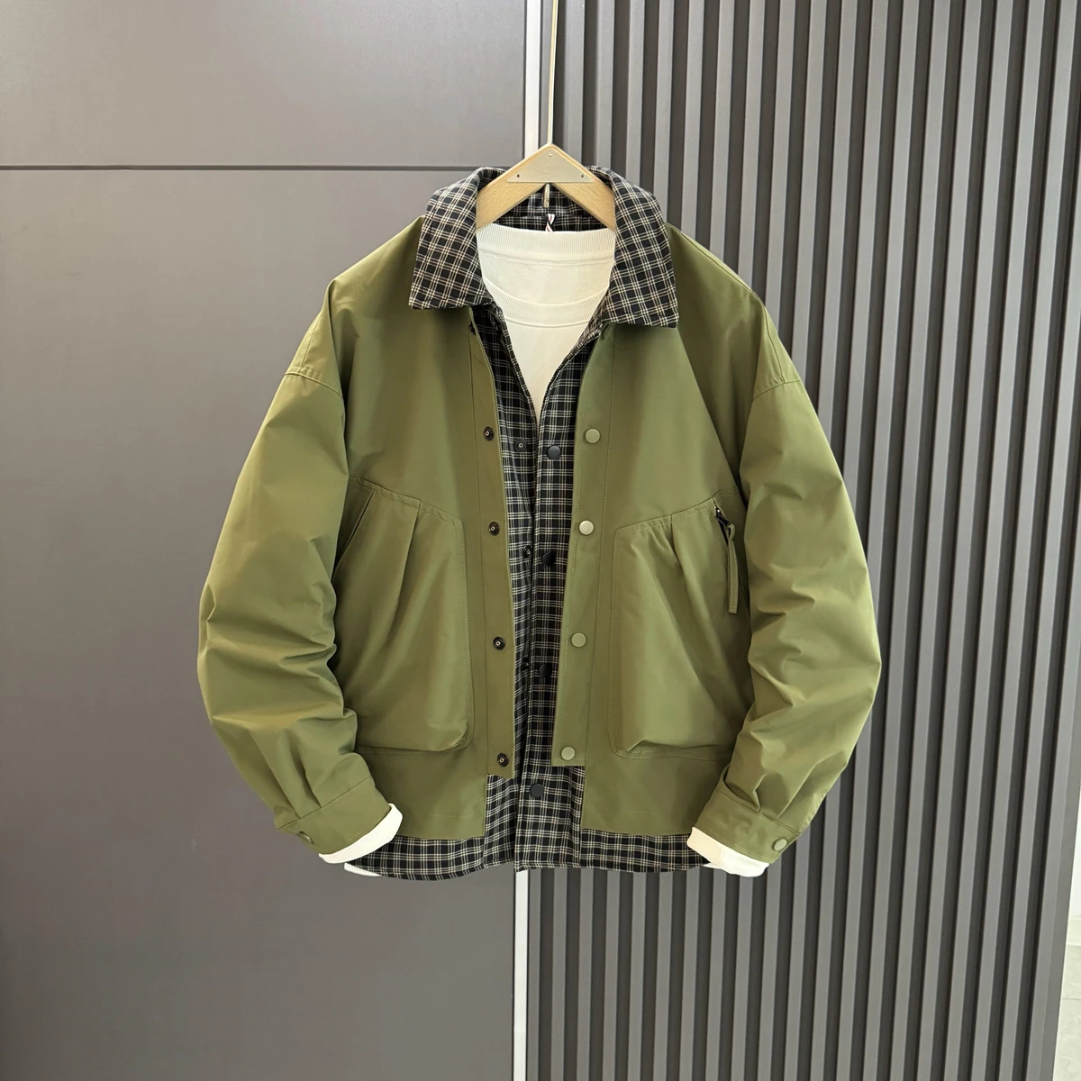 

Men's Casual Plaid Patchwork Collar Jaet Spring Autumn High Faion Trend Versatile Leisure Workwear Long Sve Polyester
