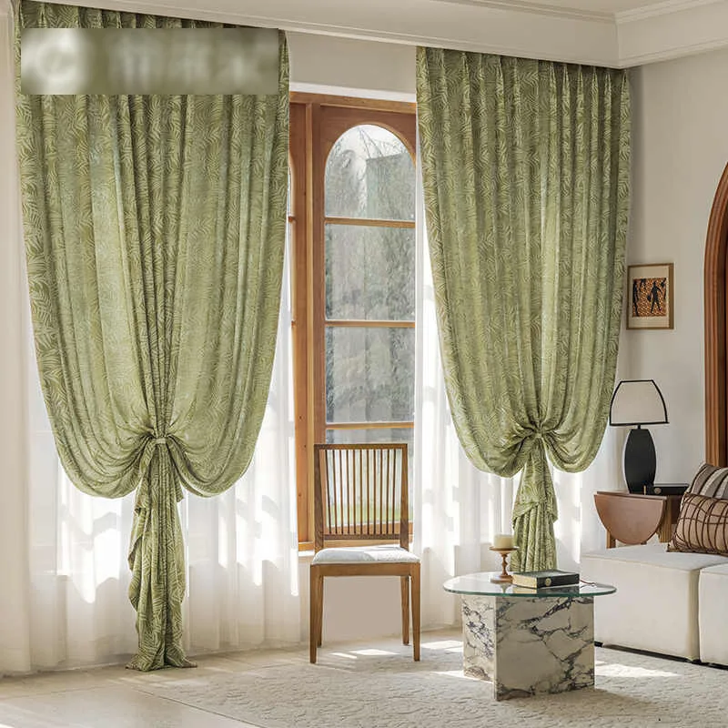 

Green Leaf Fern Picking Fresh Literary and Retro Cotton and Linen Jacquard Curtain Cloth Curtain Yarn Finished Screen Curtain