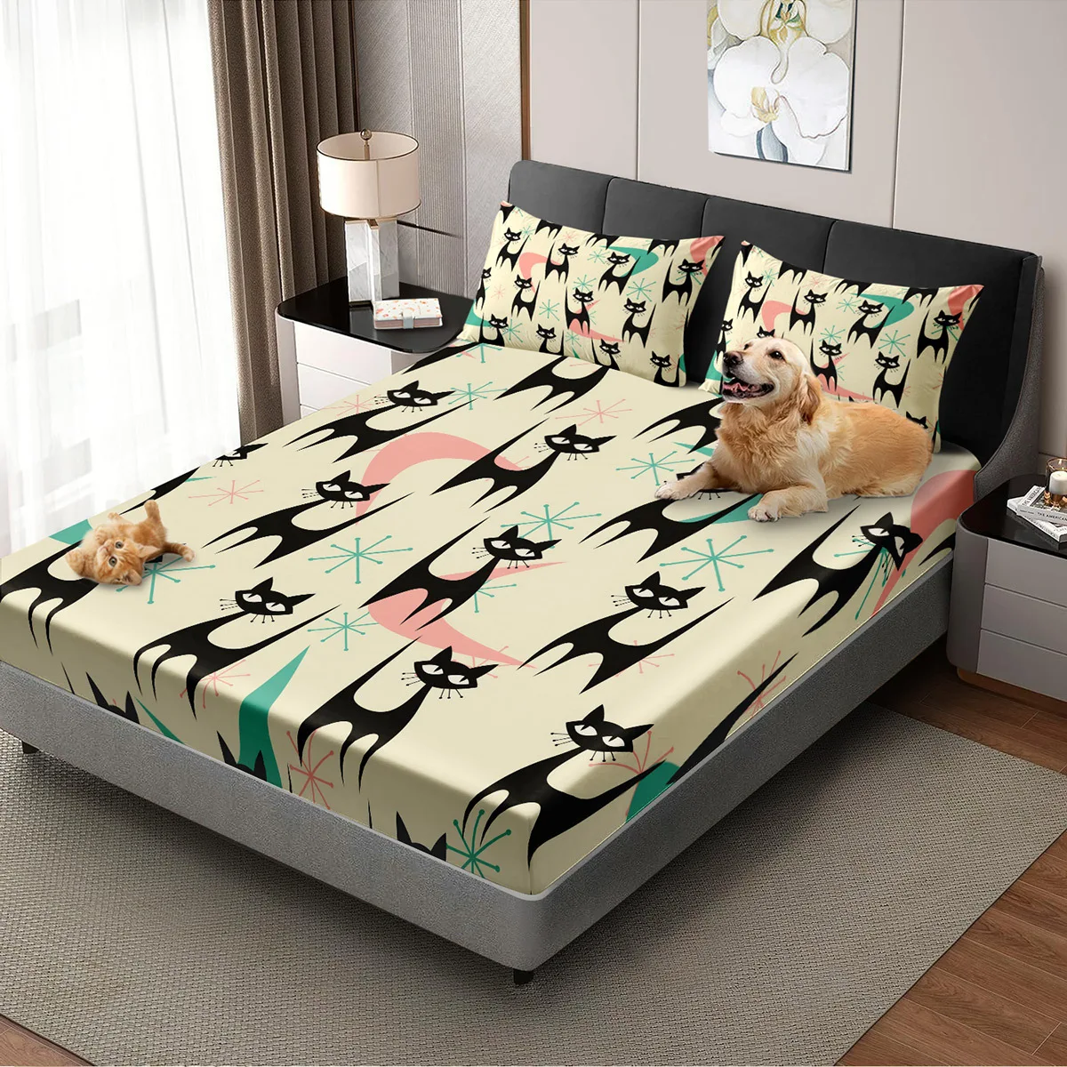 Retro Atomic Cat Design Bed Sheet Set, Breathable Polyester Material (includes 1 fitted sheet + 2 pillowcases), Mattress Protector, Elastic-Fitted Sheet, Protective Cover, Mattress Protector, Christmas-Themed Bedding, Baby Bedding, Suitable for Nursery Room