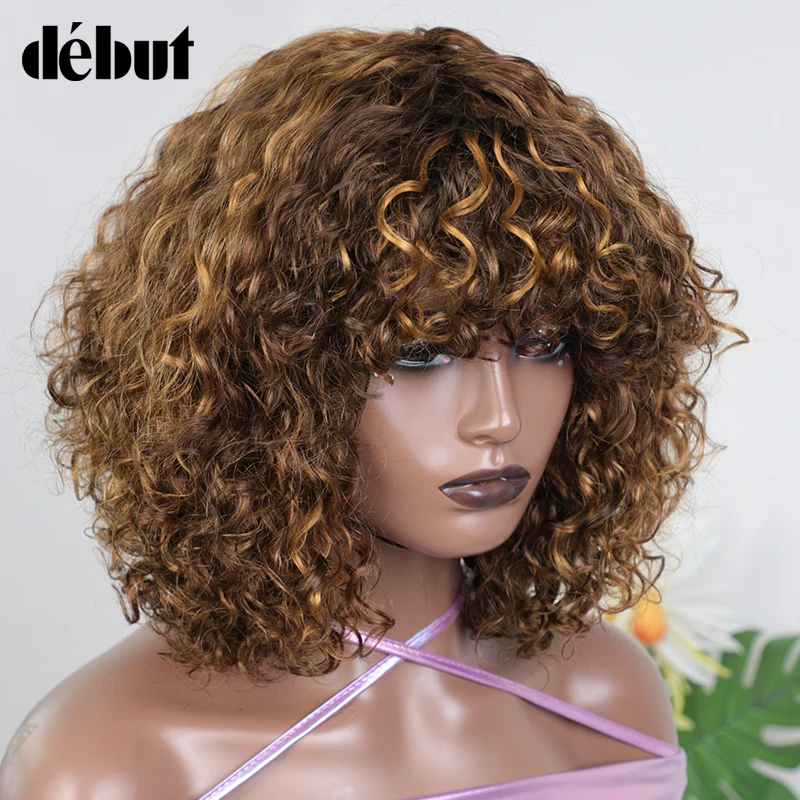 Brazilian Highligh Curly With Bangs Human Hair Wigs Kinky Curly Wigs For Black Women Remy Human Hair Wigs Cheap Jerry Curl