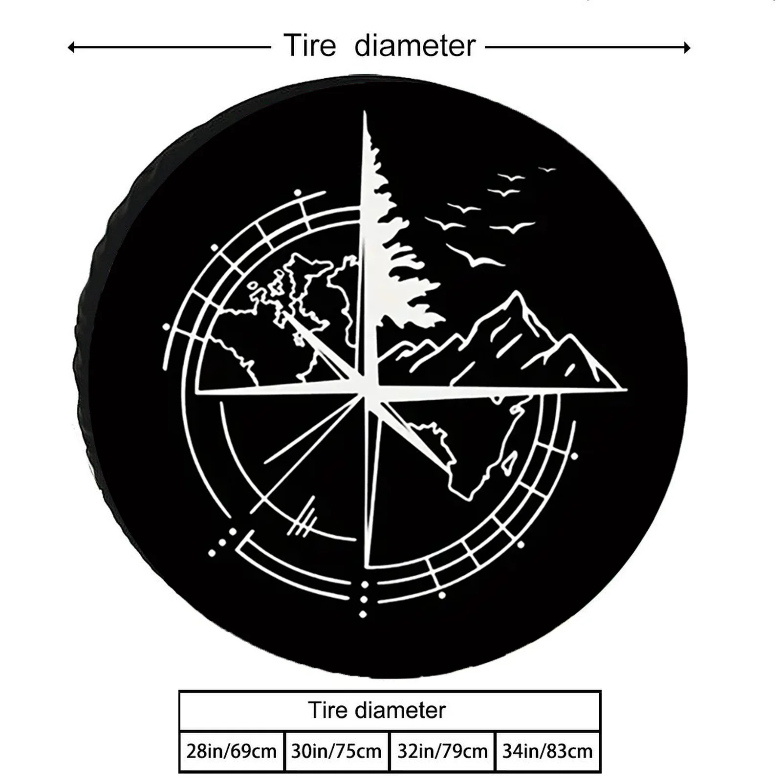 Black And White Minimalist Compass River Pattern, Windproof Dustproof Tire Protector Cover, Spare Tire Cover, 28/30/32/34 Inches