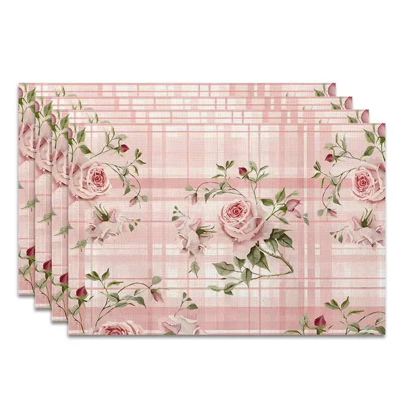 4Pcs, Pink Checkered Rose Print Placemats, Best Placemats, Washable, Suitable for Holiday Parties, Home Decor, Kitchen Tables, Rectangular Dining Rooms, Make Your Dining Room and Kitchen More Beautiful, Birthday Gifts and Housewarming Party Gifts for Family and Friends
