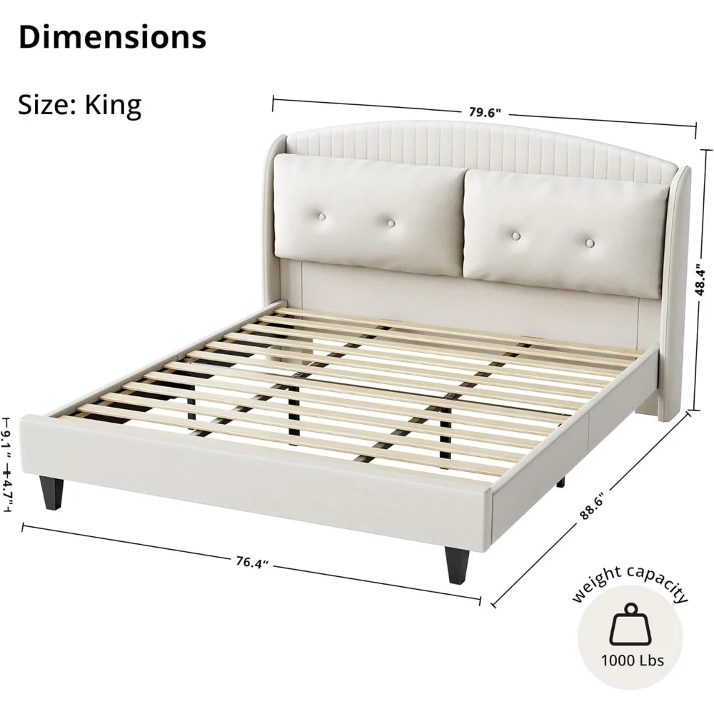 Estructura de cama tapizada con cabecera, estructura de cama con plataforma de cojines de terciopelo, soporte de listones de madera, no necesita somier