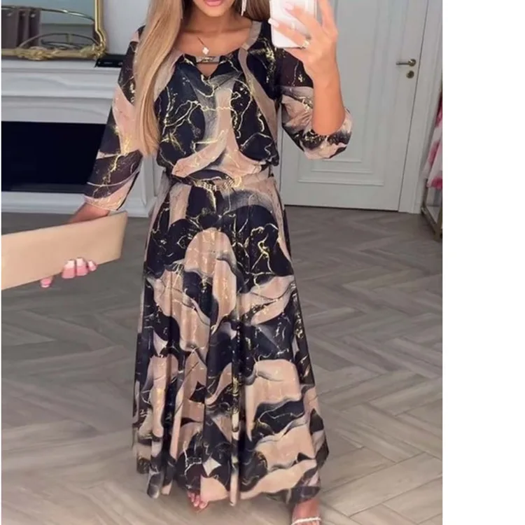 2025 nueva moda vestido de manga larga con cintura estampada para mujer verano Casual suelto manga acampanada cuello en V vestidos largos para el hogar para mujer
