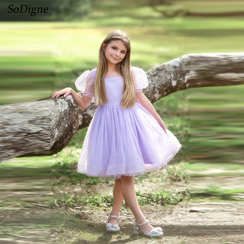 SoDigne A-line Dotted Tulle Flower Girl Dress Square Collar Short Sleeves Skirt Girls Party Dresses Customized Kid Gown