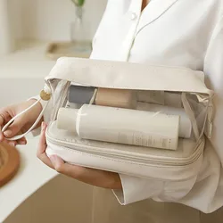 Bolsa de maquillaje transparente de doble capa para mujer, bolsa de aseo de gran capacidad, bolsa de cosméticos de PU, almacenamiento de brochas, viaje esencial femenino