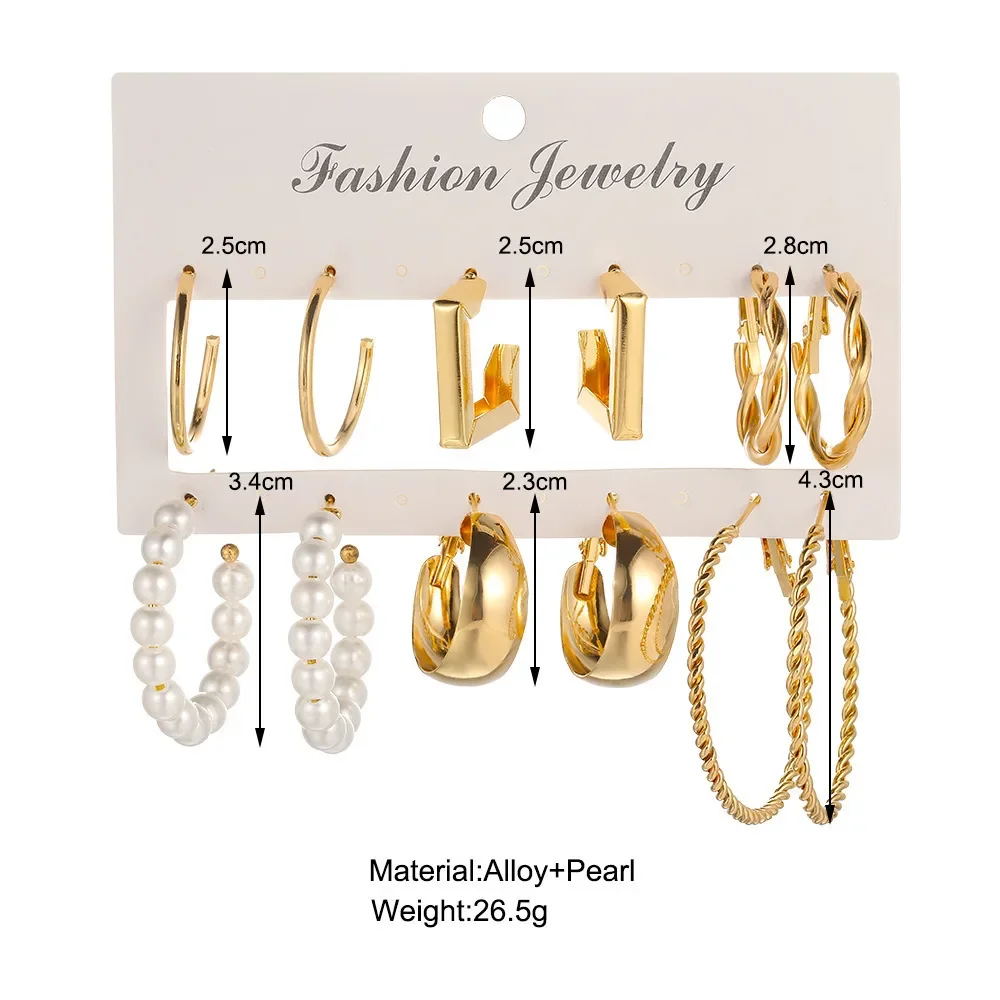 Boho Big Circle Hoop Earring Set for Women, Gold Color Bohemia Vintage Pearl Earring Heart Zircon Ear Studs Jewelry Gifts