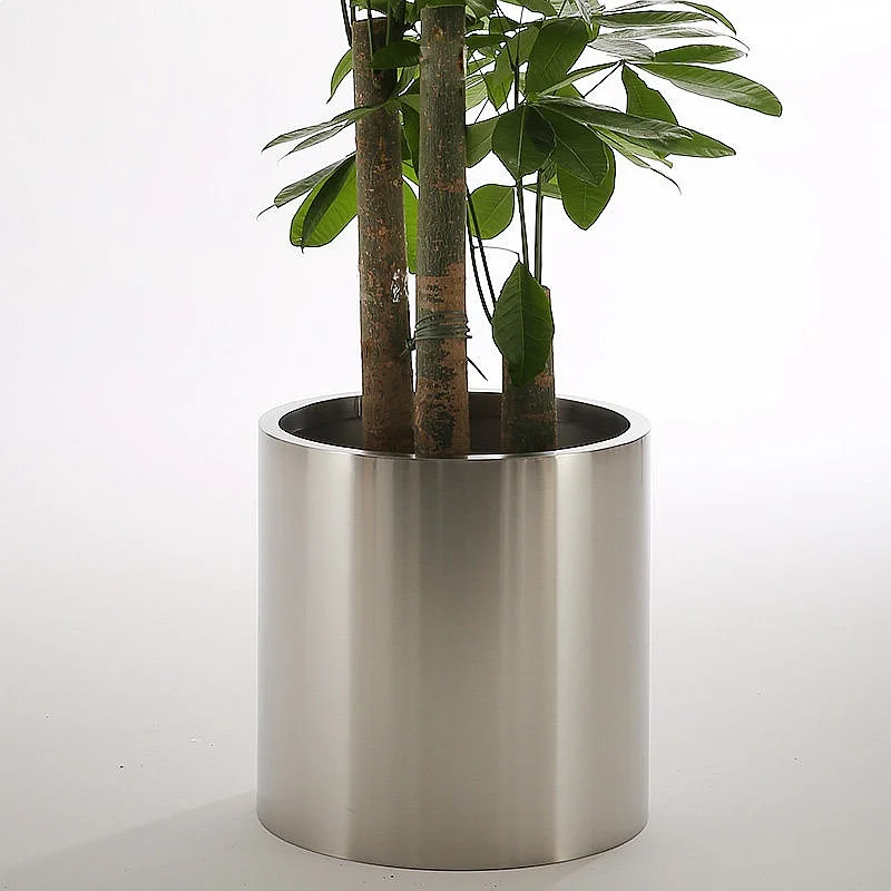 Cylindrical Brushed Stainless Steel Planter Hotel Lobby Flower Pot for Patio Roof Garden