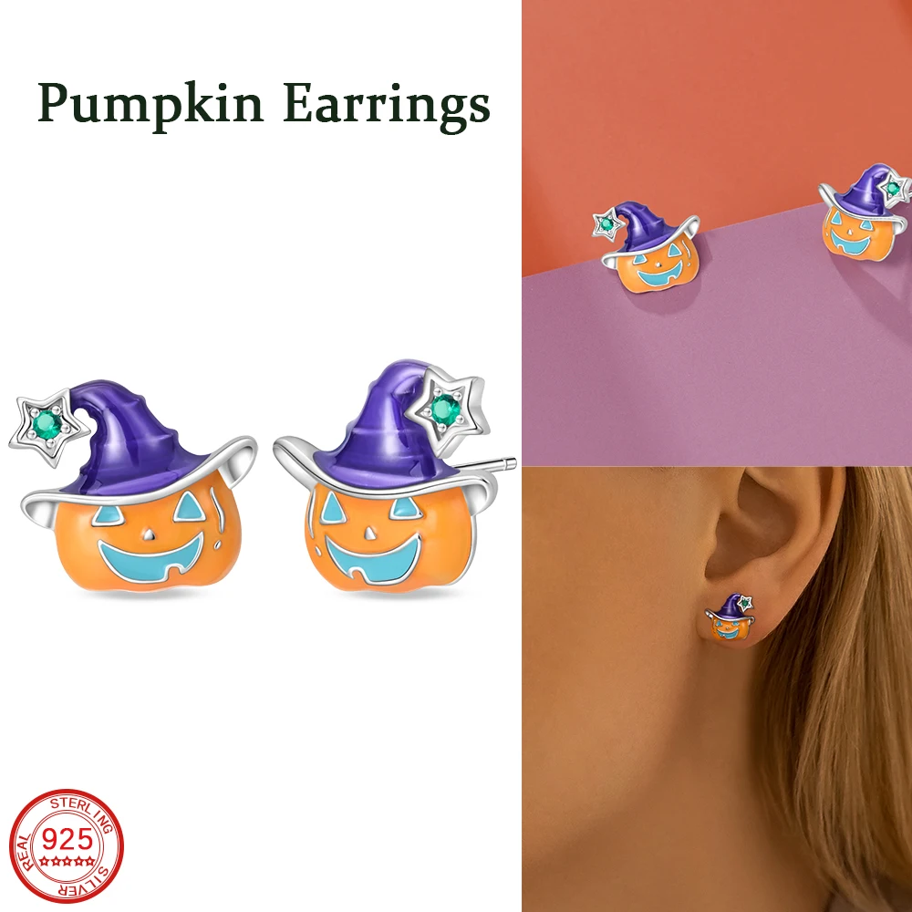 Cute 925 Sterling Silver Yellow Halloween Pumpkin Earrings For Women's Pet Party Creative Jjewelry Accessories