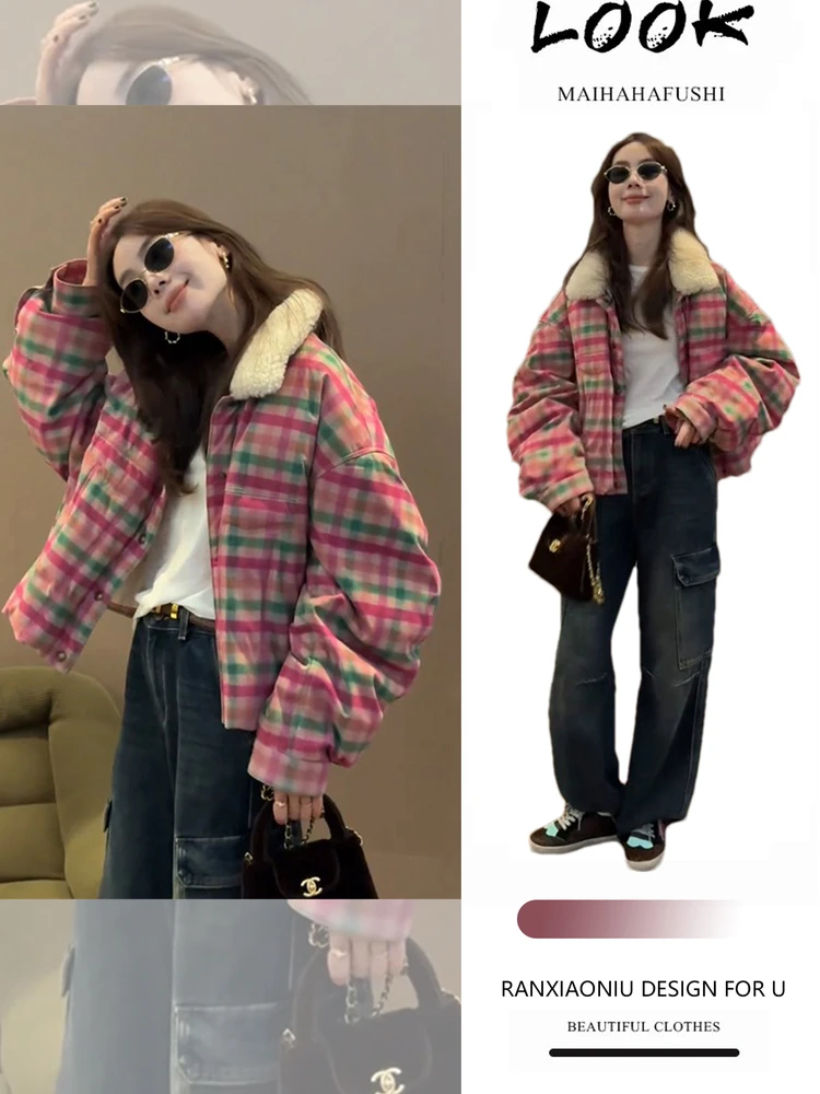 

Cool And Sli Women's Outfit Thiened Loose Plaid Lamb Fur Jaet And Jeans Autumn Spring Faion Retro Women's Set