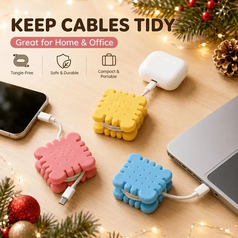 Cute Biscuit Shaped Cable Organizer With Durable Material And Tangle Free Design Perfect For Home Office Desk Organization