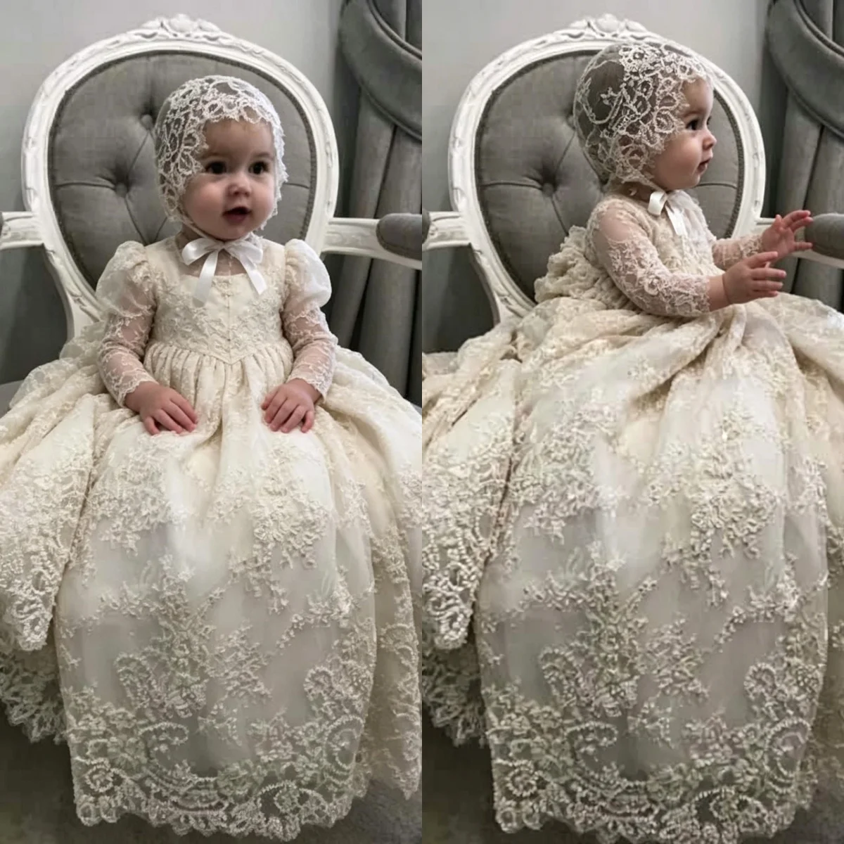 Elegant Baby Christening Gown Long Sleeve Lace Applique Tulle Matching Bonnet Baptism Dress Custom Infant Birthday Outfit