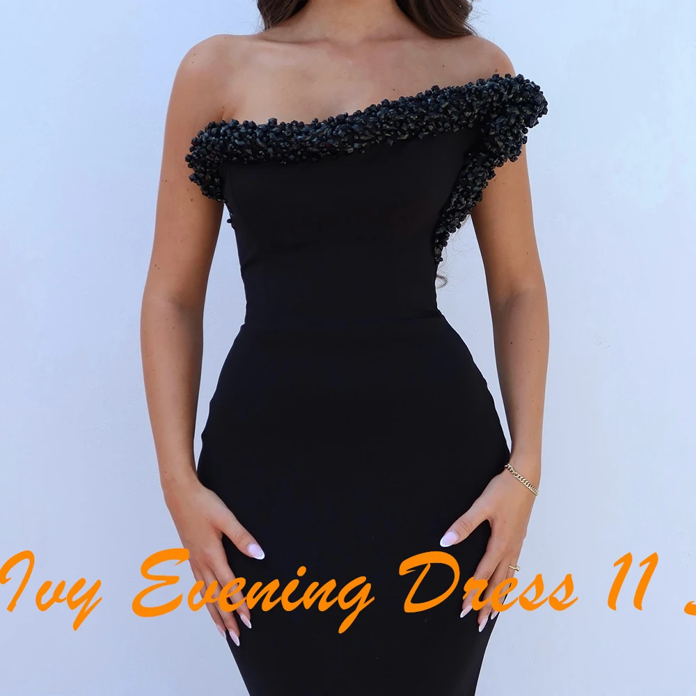 Abito da sera dritto con pieghe di perline alla moda personalizzato Abito da festa nero senza maniche in jersey moderno senza spalline vestidos para mujer
