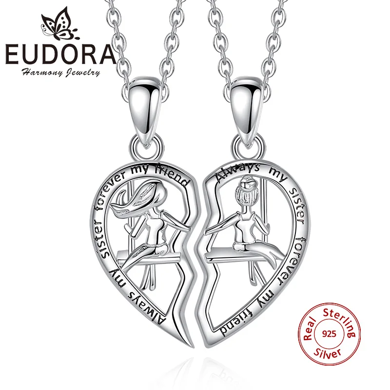 Eudora 925 Sterling Silver Sisters Swing Best Friend Necklace BFF Friendship Necklace For 2 Pcs/ Set Jewelry Gifts For Sisters