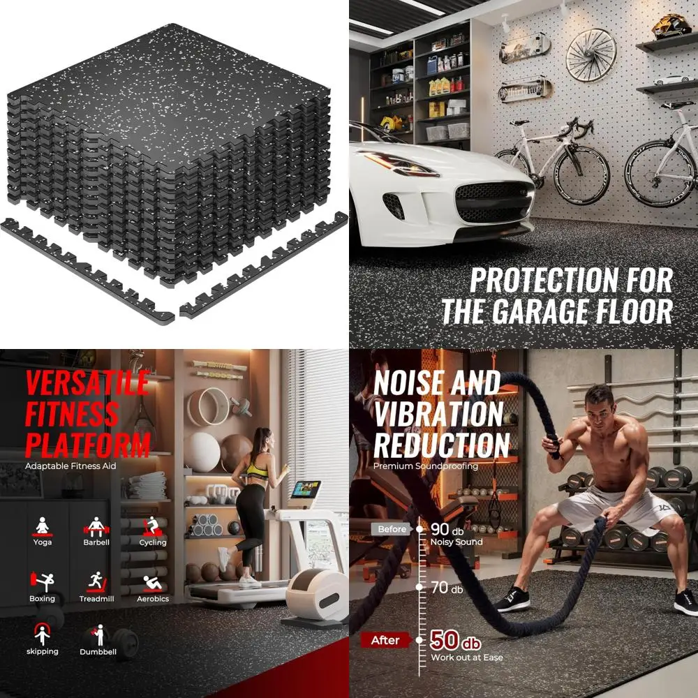 0.79'' extra-thick exercise equipment mats, 12 pcs 48 sq ft rubber top floor tiles with high density eva foam, interlocking gym