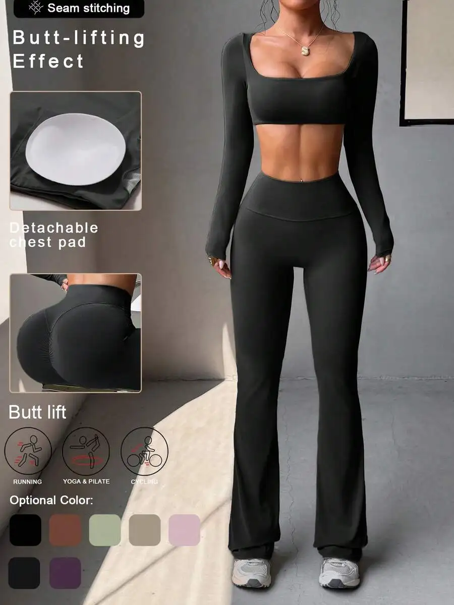 

Womens 2-Piece Set Long Sleeve Crop Top With Chest Pads High Waist Yoga Pants Butt Lift Slimming Fitness Wear
