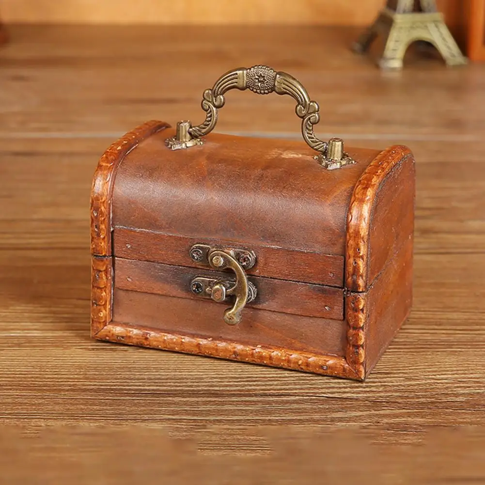 Earrings Case Excellent Vintage Wooden Storage Box with Lock Mini Jewelry Box  Retro Treasure Chest with Lock for Home