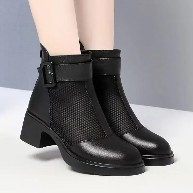 

Women's Summer New Block Heel High Top Mesh Boots Thick Sole Non Slip Round Toe Lightweight Breathable Zippers Ankle Cool Boots