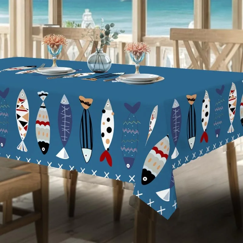 One vintage ocean-themed tablecloth - bright blue sandfish and nautical pattern, made of durable polyester