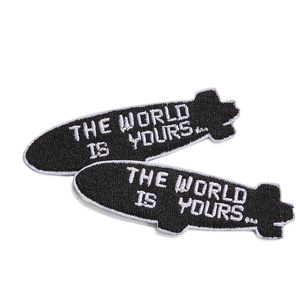 2PCS “THE WORLD IS YOURS” Embroidered Patches Airship Shape Custom Iron on Transfers for Clothing DIY Apparel Sewing Supplies