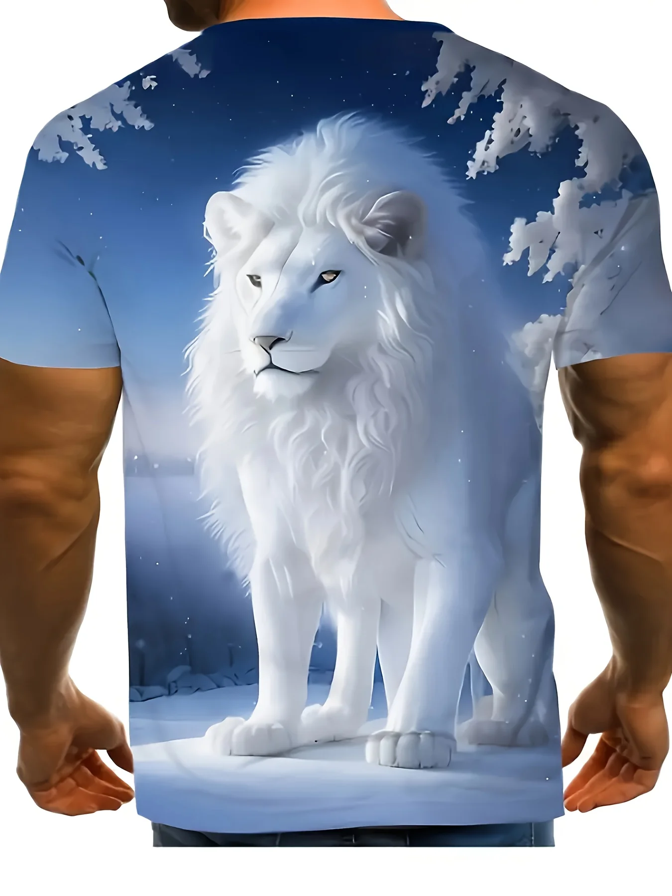 3D Printing New Men's Fashion Trendy Casual Short-Sleeve White Lion Blue Sky and White Clouds Men's T-Shirt