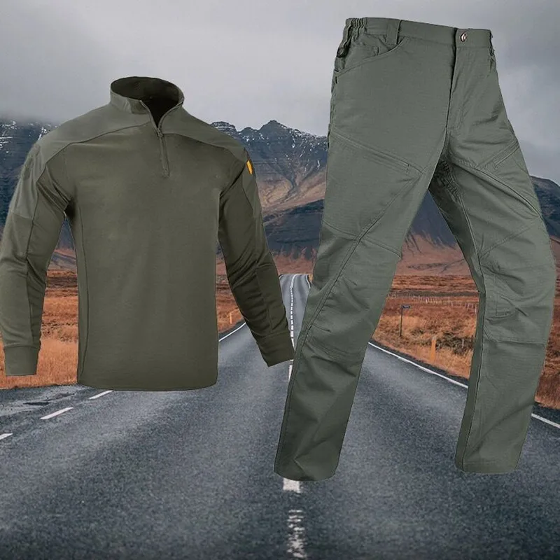 2026 New Men's Tactical Suit Quick Dry Breathable Long Sleeve T-shirt & Pants Set Outdoor Hiking