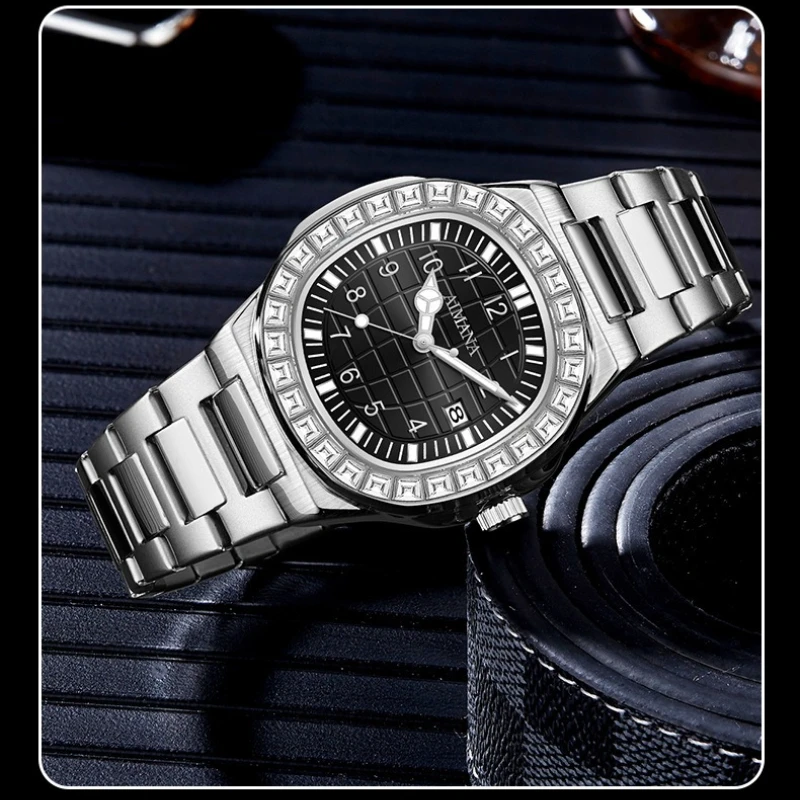 AIMANA 8622 Small Square Full Diamond Set Fashion Men's Quartz Watch Automatic Date Waterproof Stainless Steel Watches for Men