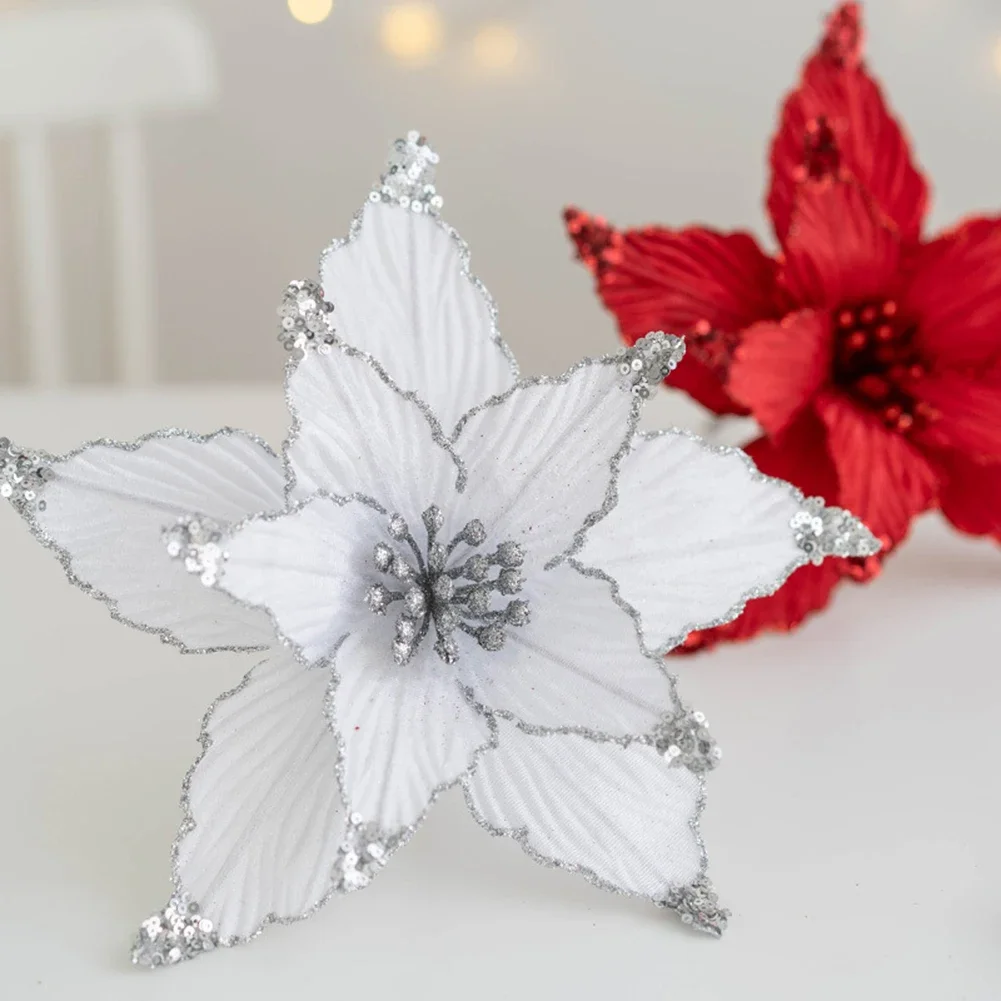 

1pc 25cm Christmas Poinsettia Glitter Flower Hanging Christmas Tree Wreath Ornaments For Navidad 2024 New Year Party Gifts Natal