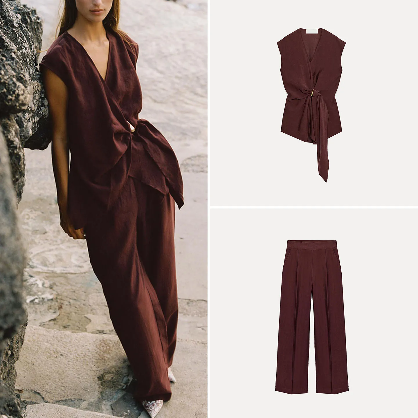 Gold Plated Layer Sleeveless Double Breasted Top with Pleated Straight Leg Pants Women's Fashion Set ZADATA Brand 2026 Autumn...