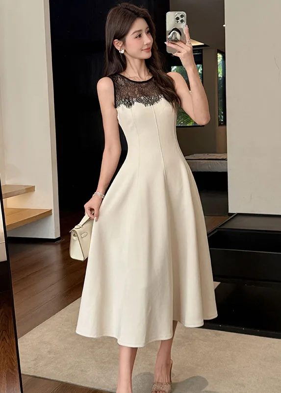 

Elegant Evening Party Dress High Waist Vestido De Mujer Fashion Women Lace Splicing Sleeveless Slim A-Line Dress Female Clothes