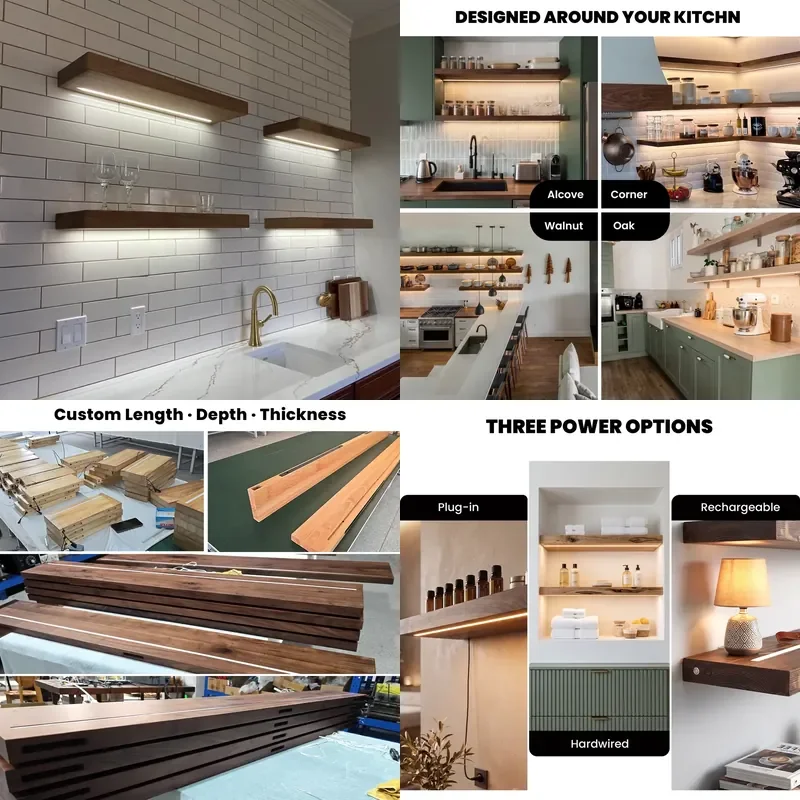 for  Custom Floating Wooden Shelves with LED Lights Angular Storage Shelf  Kitchen Wall Mounted Decorative Display Rack