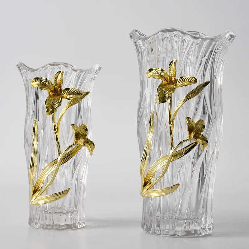 Glass Vase Metal Relief Golden Flower Transparent Hydroponic Terrarium Orchid Room Decoration Accessories