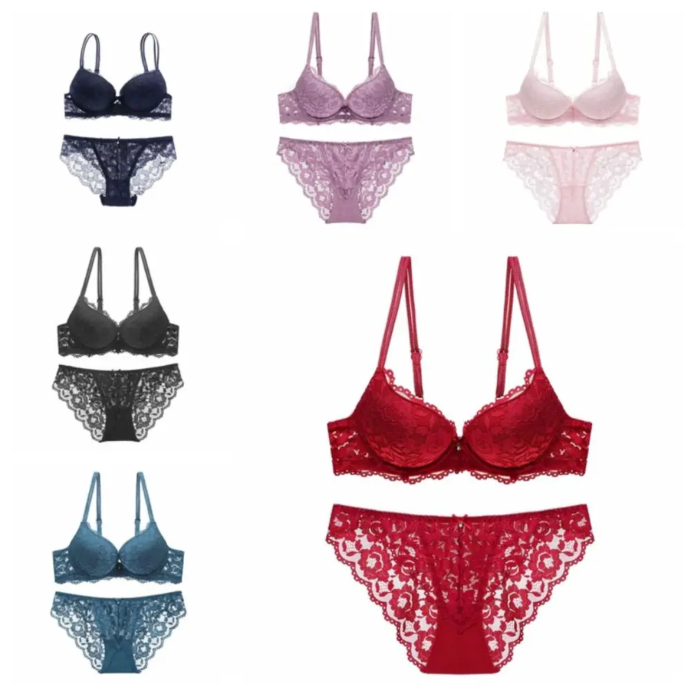 Süßer Mesh-Spitzen-Blumen-BH, niedriger Bund, rutschfester Push-Up-BH, Damen-Unterwäsche, Schleifen-BH-Slip-Set, Sommer – Detail 2