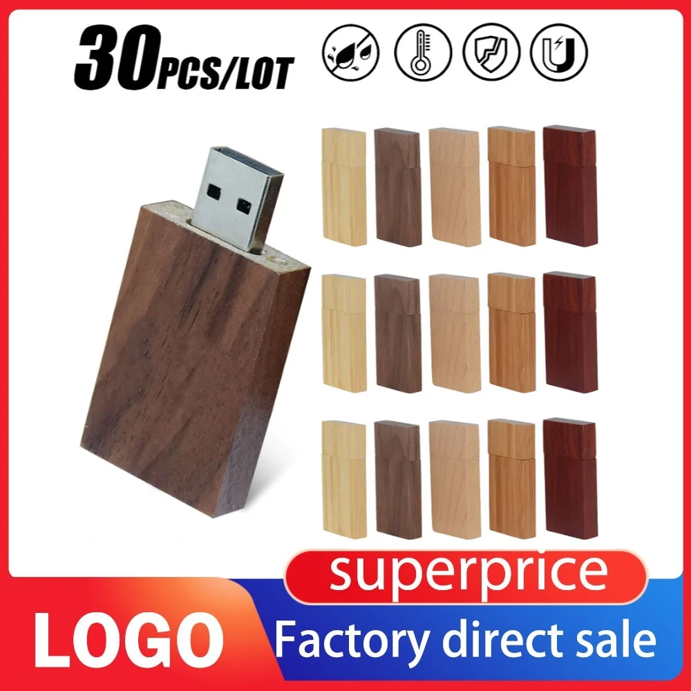 

30pcs/lot Flash Drive Usb 2.0 Wooden + Box Pen Drive 4GB 8GB 16GB 32GB 64GB U Disk Free Custom Logo for Photography Wedding Gift
