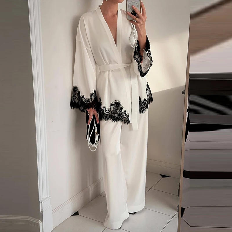 

Lady Loose Commute Sets Elegant Color Blocked Lace Vacation Set Fashion Satin V-neck Lace Up Cardigans&Wide Leg Pants Set