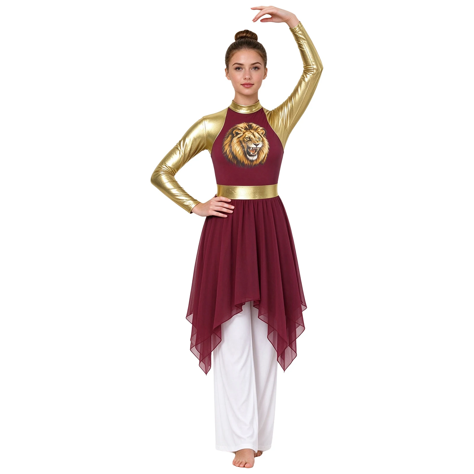 Womens Liturgical Praise Dance Dress Metallic Patchwork Long Sleeve Printed Irregular Hem Chiffon Tunic Dress for Performance