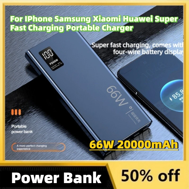 

High Capacity 66W 20000mAh 4-in-1 with Cables Power Bank for IPhone Samsung Xiaomi Huawei Super Fast Charging Portable Charger