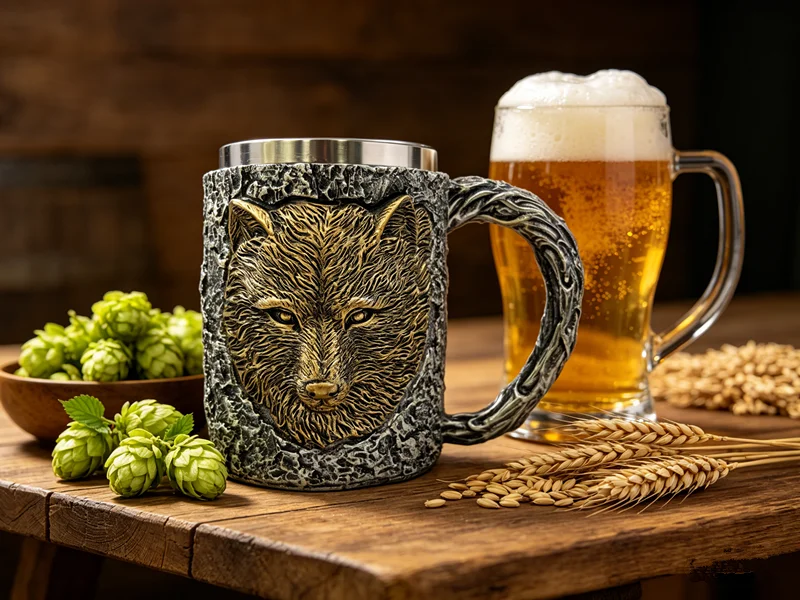 450ml/15oz Gothic Wolf Head Beer Mug, 3D Resin Coffee Cup with Stainless Steel Liner, Viking Style Drinking Cup for Men, Bar Dec