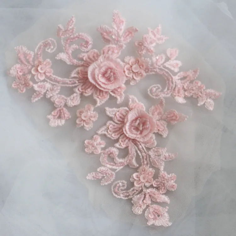 1Pair Multicolor DIY Handmade Beaded Mirror Lace Flower Applique.Patch.Wedding Dress Accessories Lace Mending Clothes 23*14CM