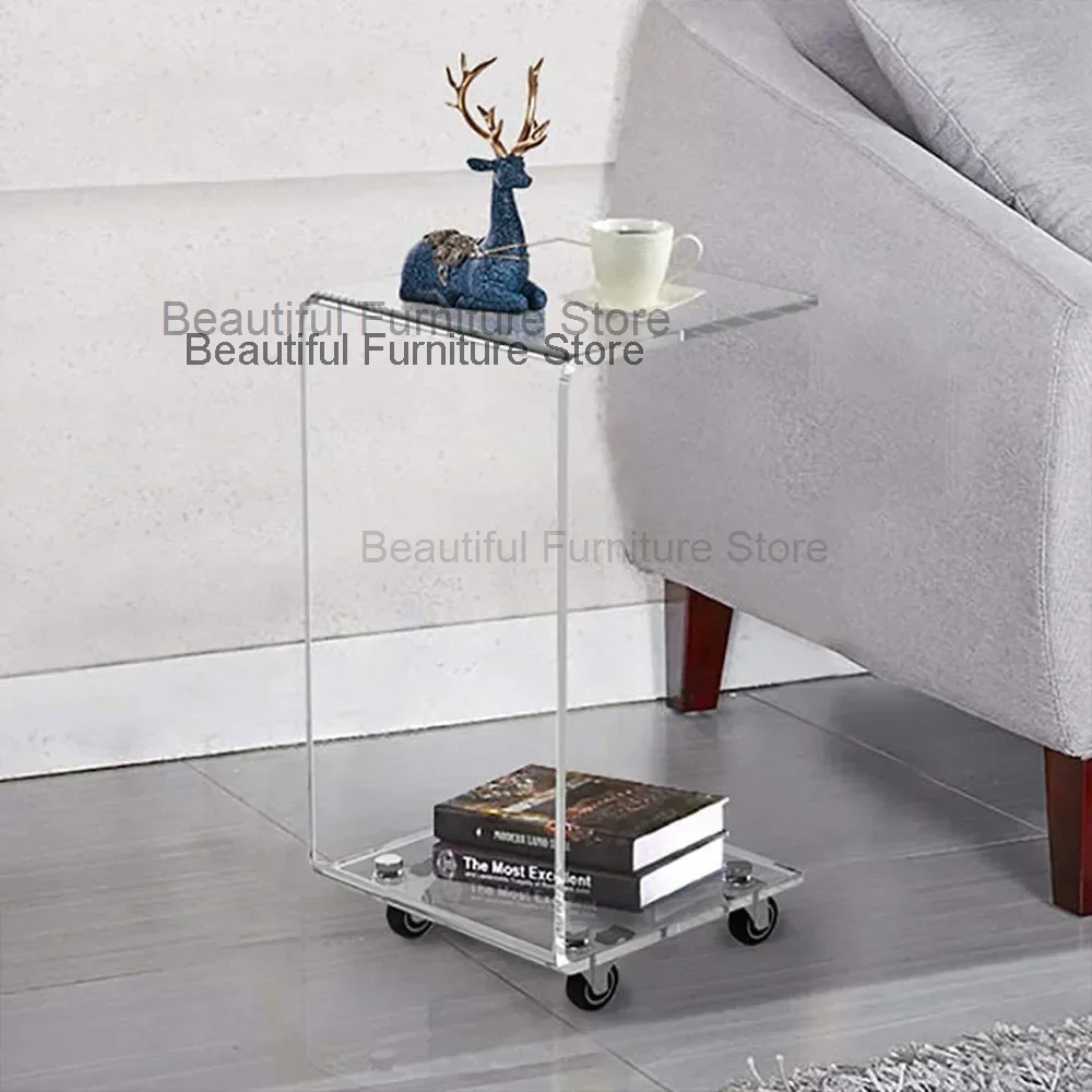 Sofa Table Side Transparent Tea Tables with Wheels Movable Auxiliary Table Acrylic Storage Cabinet Comfortable Nightstands Decor