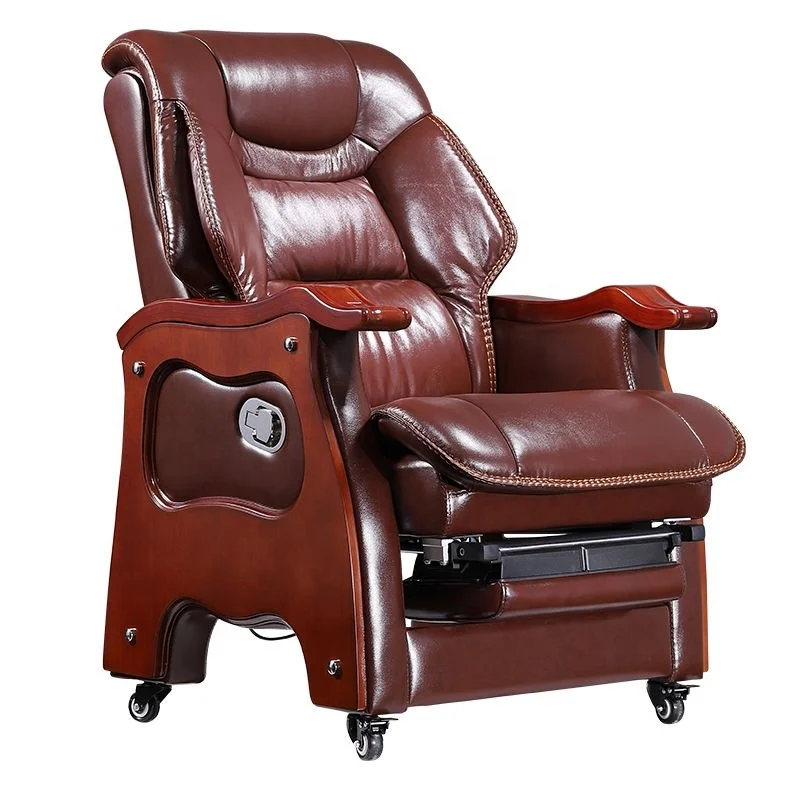 Skin-friendly Cowhide Office Executive Boss Chair, Luxury Wooden Ceo Chair With Foot Pads, Made Of Solid Wood