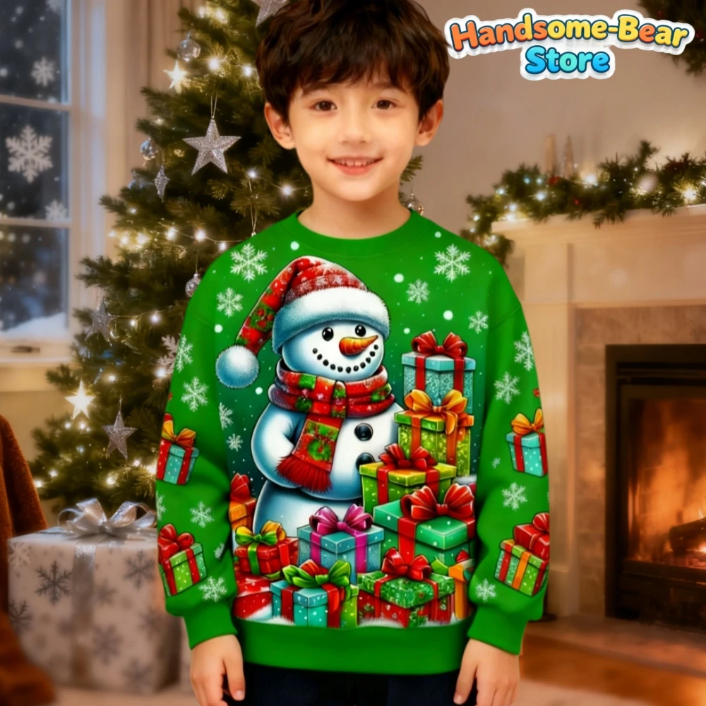 2025 Merry Christmas Graphic Sweatshirts Tree Pullover Hoodies for Kids Clothes Santa Claus Hoody Snowman Sweatshirts Unisex Top