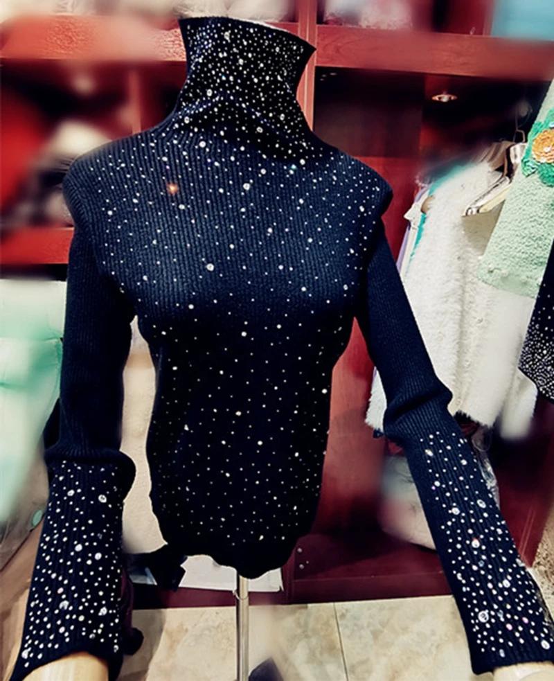 Luxury Style Sparking Diamonds Black Turtleneck Sweater for Women Autumn/Winter Knitwear Bottoming Pullovers Femme