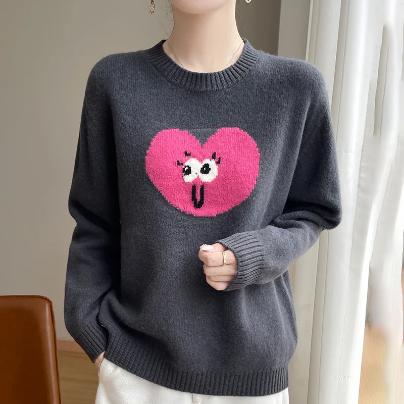 Double-Strand Thickened Wool Bottoming Shirt Korean Love Smiling Face Embroidery Design round Neck Women's Pullover