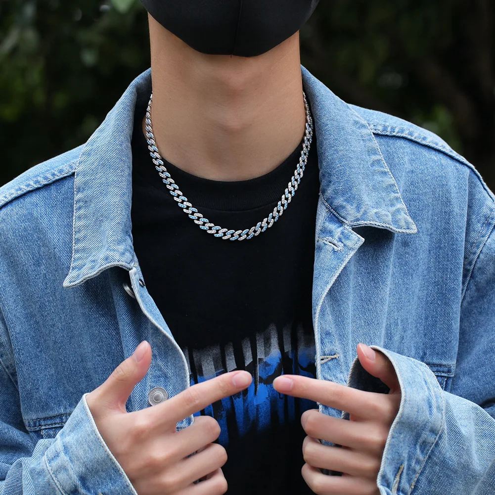 

Iced Out 9mm Silver Baby Blue Cuban Chain Necklaces for Women Iced Out 1 Row Prong Setting Cubic Zirconia Link Chain Necklaces