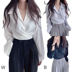 Women Chiffon Shirt Back Tie Bowknot Waist Closing Unique Chic Long Sleeve Crop Tops